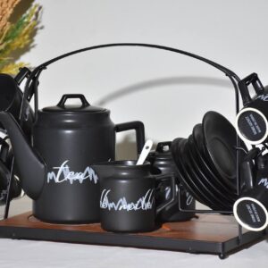 Matte Black Porcelain Tea Set - 15 Piece with Teapot & Stand