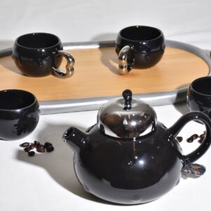 Matte Black Porcelain Tea Set with Wooden Tray - 6 Piece - Image 2