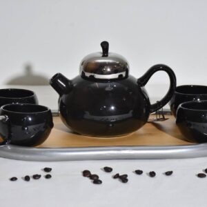 Matte Black Porcelain Tea Set with Wooden Tray - 6 Piece - Image 1