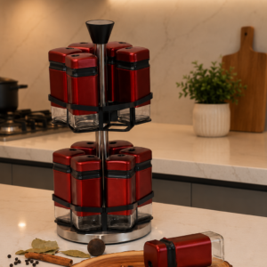 360° Rotating 2-Tier Porcelain Spice Set (RED) - Image 1