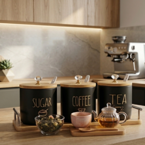 Black Porcelain Tea, Coffee & Sugar - Image 2