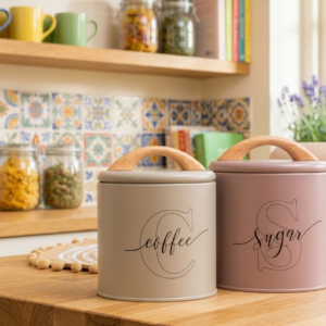 White Kitchen Storage Canister Set with Wooden Lids - Image 2