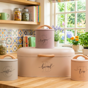 White Kitchen Storage Canister Set with Wooden Lids
