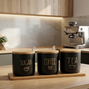 Black Porcelain Tea, Coffee & Sugar